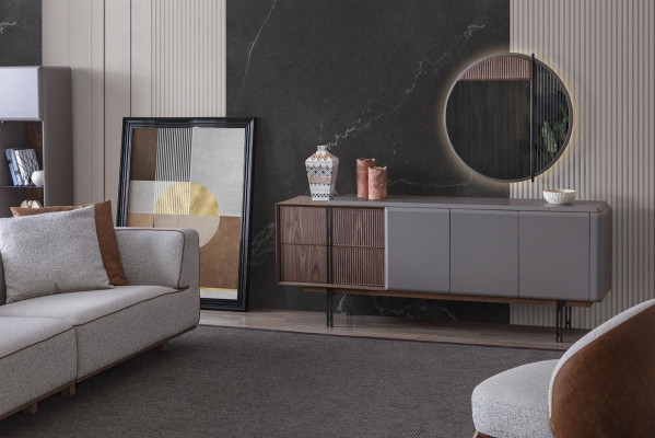 Iesszëmmer Set Besteet aus Iessdësch 4x Still a Kamoud mat Spigel 7tlg.