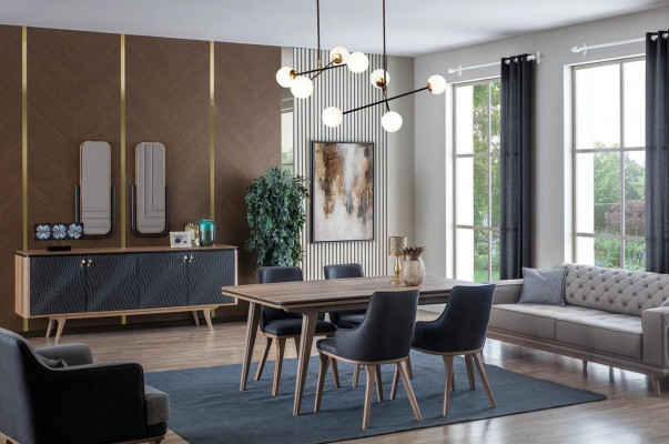 Luxus Iesszëmmer Set Iessdësch + 4x Still + Anrichte mat 2x Spigel Nei