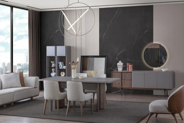 Iesszëmmer Set Besteet aus Iessdësch 4x Still a Kamoud mat Spigel 7tlg.