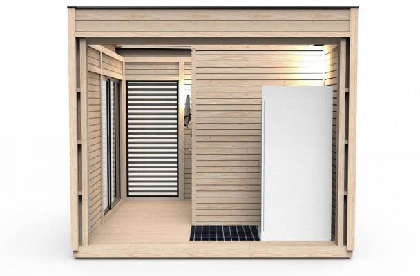 Holzsauna Baussesauna Holz Kieferholz Saunahäus Panorama Haischen Gaart