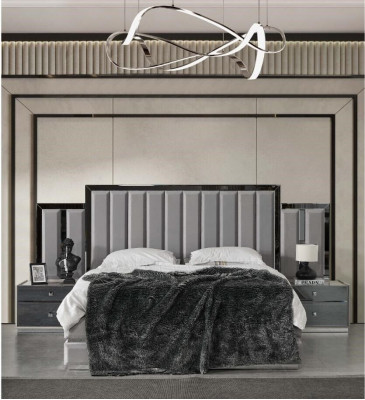 Komplett Schlofzëmmer Duebelbett, Bett, Nuetsdëscher, 4-Deeleg Grau Schaf