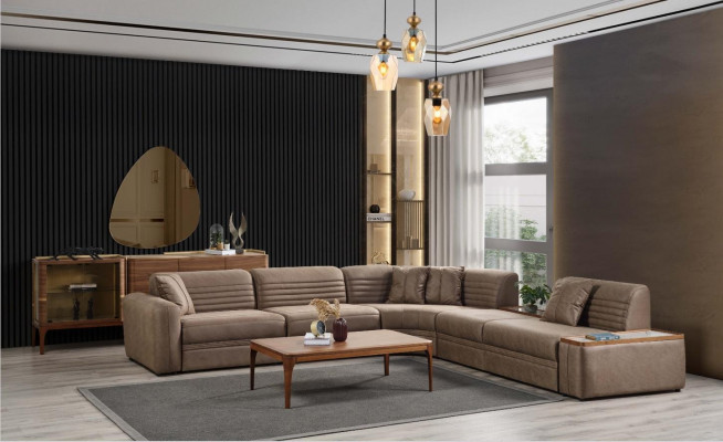 Eckcouch Sofa Kënschtleder Couchdësch Brong Polstersofa Wunnzëmmer