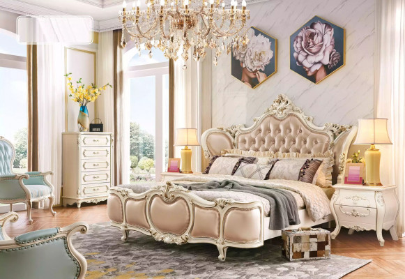klassesch Miwwelen Schlofzëmmer Set Bett 2x Nuetsdëscher Kommoud Luxus Set 4 Deeler
