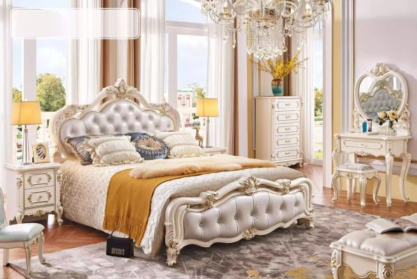 Schlofkummer Set Bett 2x Nuetsdëscher Friséierdësch Hocker Kommode 6tlech Luxus