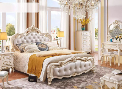Schlofkummer Set Bett 2x Nuetsdëscher Friséierdësch Hocker Kommode 6tlech Luxus