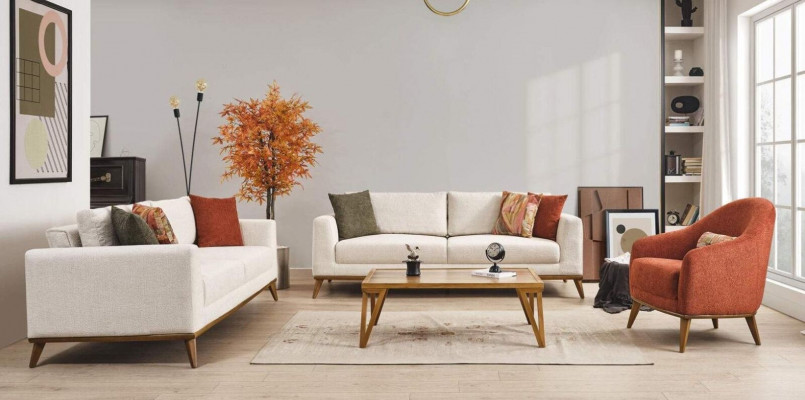 Stilvoll Wunnzëmmer-Set Wunnzëmmer-Set 3tlg. Modern Beige Canapé 3+3+1