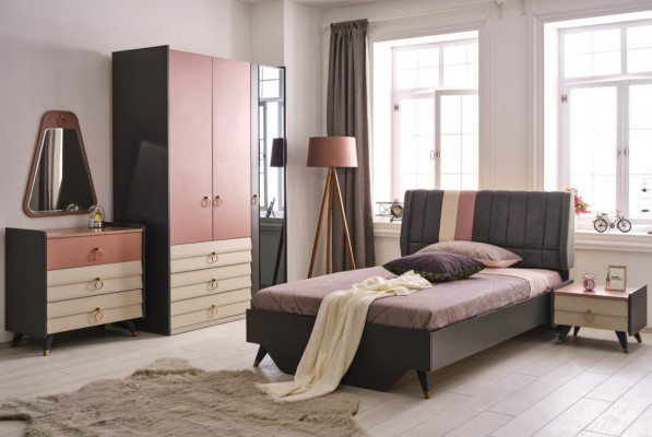 Luxus Schlofkummer Set Bett Nuetsdësch Kleederschaf Kommode Spigel nei
