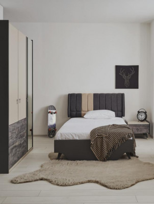 Luxuriéist stilvoll Schlofzëmmer-Set Delta Bett Nuetsdësch Kleederschaf