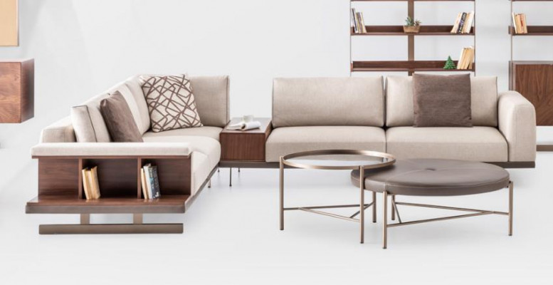 Modern beige Eckcouch Luxus L-fërmeg Couch Stoffssofaren Wunnzëmmertubakfen