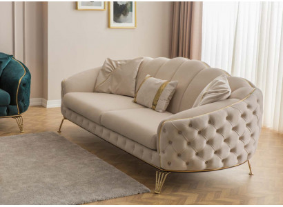 Modern Chesterfield Beige Wunnzëmmer Sofagarnitur x2 3 Sëtzer Polstersëtz.