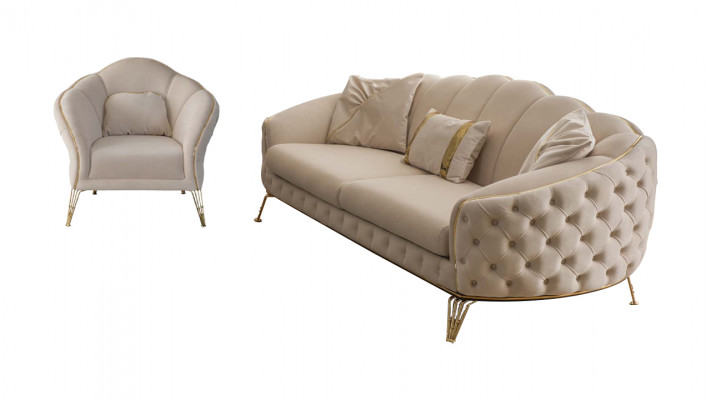Wunnzëmmer Komplett 3tlg Modern Dräisëtzer Sofa Couch Luxus 2x Fotell