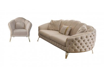 Wunnzëmmer Komplett 3tlg Modern Dräisëtzer Sofa Couch Luxus 2x Fotell