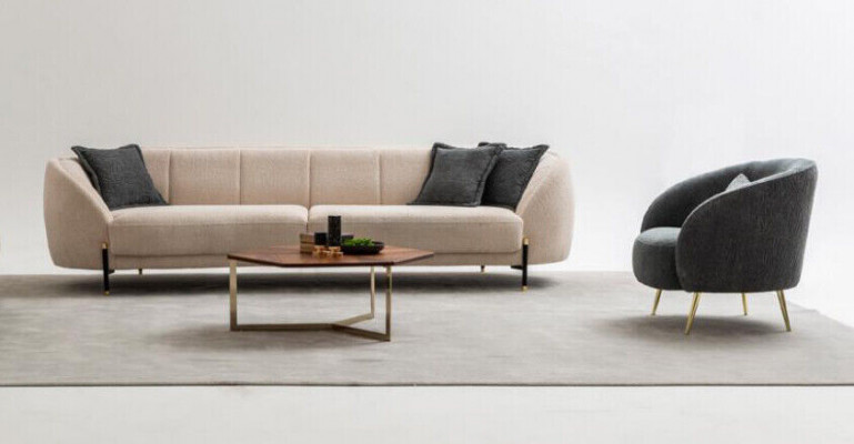 Moderne Sessel Polster Sofa 3-Sëtzer Beige Héichwäerteg Sofas Design Textil nei