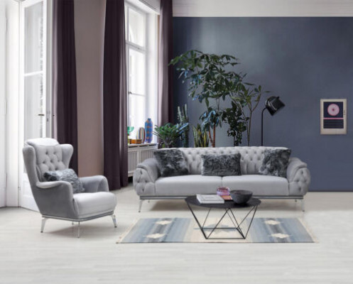 Wunnzëmmer-Set 2 Stéck. Sofa mat Sëtz Chesterfield Design Modern Textil