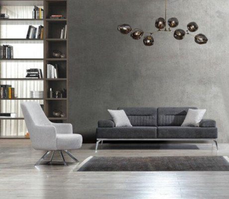 Wunnzëmmer-Set 2tlg. 3-Sëtzer Sofa 1-Sëtzer Fotell Gro Wäiss Textil Material