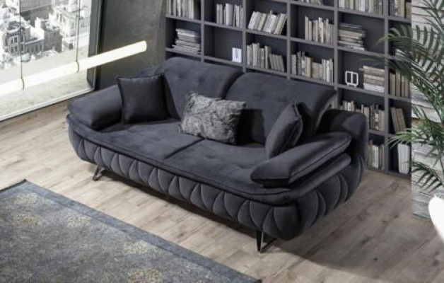 Schwaarz 3-Sëtzer Stuffestoffdivan Modernen Design mat Këssen Textil