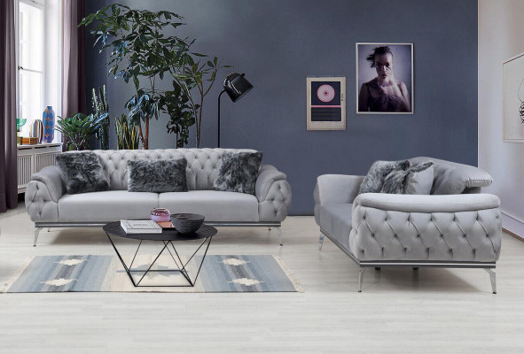 Grau Wunnzëmmer Stoffsofa Modernen Design Chesterfield Textilmaterial