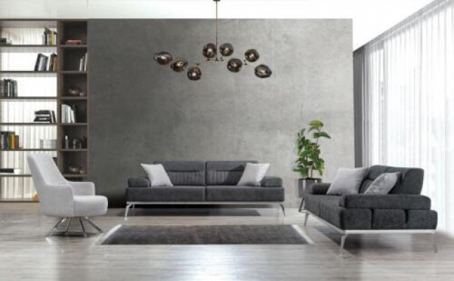 Wunnzëmmer-Set 3 Deeler 2x 3-Sëtzer Gro mat Wäiss Fotell Modernen Design Textil