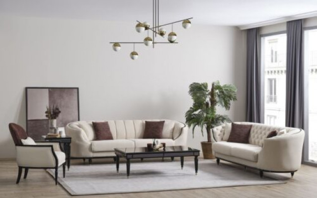 Wäisst Wunnzëmmerset Sofagarnitur 3+3+1 Couchtisch Beistelltisch 5 Deeler.
