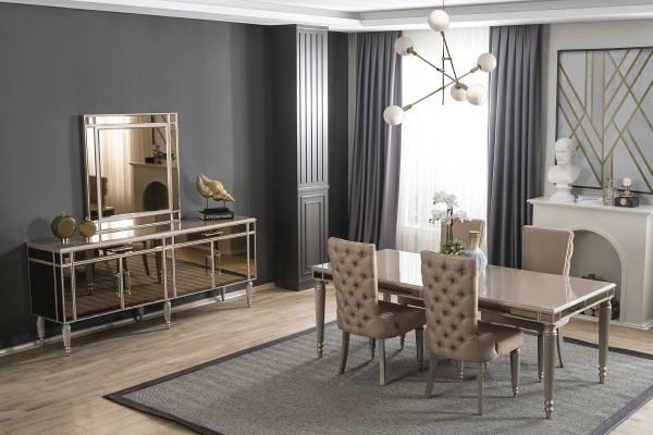 Luxus Iesszëmmer Set Iessdësch 4x Still Holz Textil Iessgrupp Garnitur