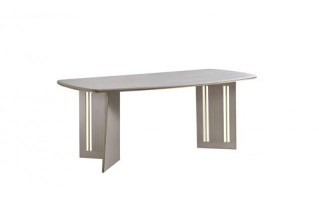 Beige Iessdësch Modern Holzmiwwelen Hallefkreesfërmegem Dësch Designer Iesszëmmerdësch