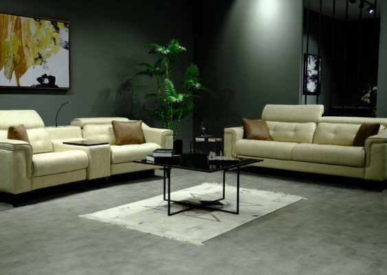 Beige Lieder Couchgruppé Designer 3-Sëtzer Zwéisëtzer Canapé 2tlg Set