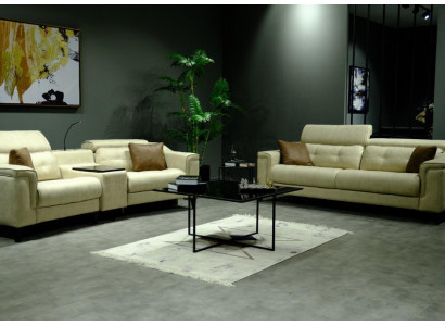 Beige Lieder Couchgruppé Designer 3-Sëtzer Zwéisëtzer Canapé 2tlg Set