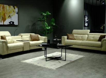 Beige Lieder Couchgruppé Designer 3-Sëtzer Zwéisëtzer Canapé 2tlg Set