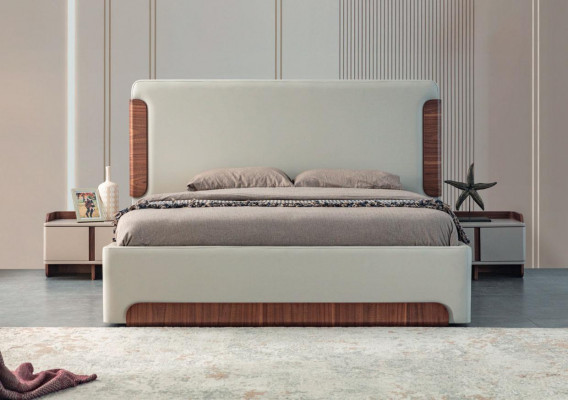 Stilvoll beige Schlofzëmmer Miwwelen Gepolstert Duebelbett Schminktisch 5tlg