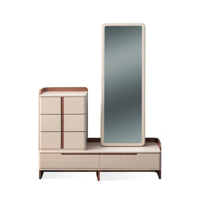 Stilvoll beige Schlofzëmmer Miwwelen Gepolstert Duebelbett Schminktisch 5tlg