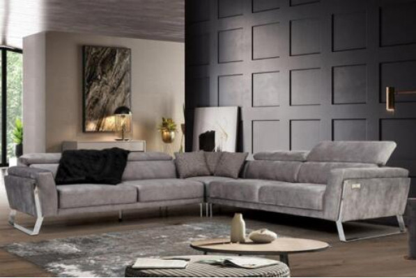 Grau Wunnzëmmer Eckcouch L-Form Couch Grousst Stoffséi Luxus Miwwelen Neit