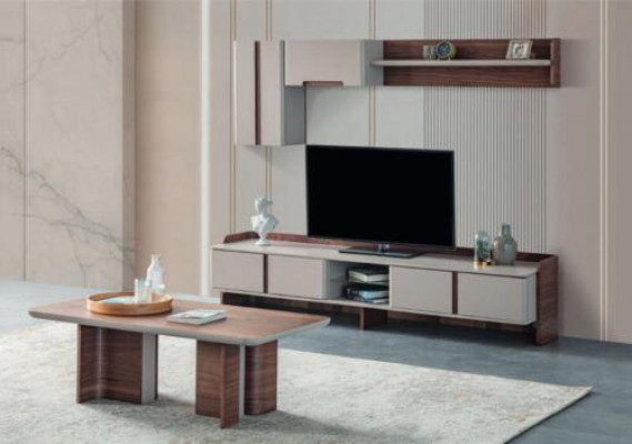 Stilvoll Wunnzëmmer Wanddekor Designer TV-Ständer Holz Kaffisdësch