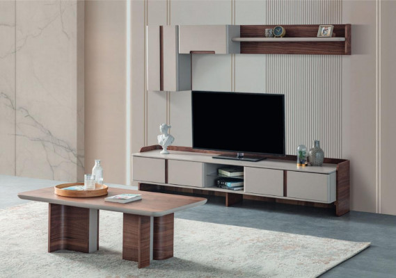Wäiss Wunngzëmmer Wunnwand Luxusméigel RTV Lowboard Regaler Sideboard