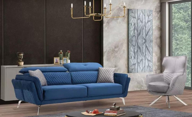 Blo Stoffsofa Modernes Wunnzëmmer Dräisëtzer Luxus 3-Sëtzer Canapé