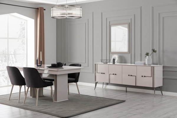 Al Wäiss Iesszëmmer Garnitur Groussen Iessdësch 4x Stëfter aus Textil Sideboard