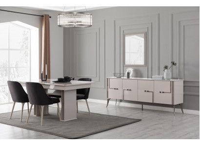 Al Wäiss Iesszëmmer Garnitur Groussen Iessdësch 4x Stëfter aus Textil Sideboard