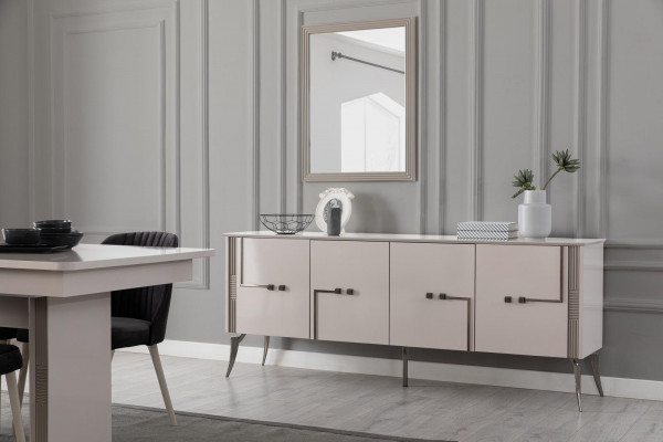 Al Wäiss Iesszëmmer Garnitur Groussen Iessdësch 4x Stëfter aus Textil Sideboard