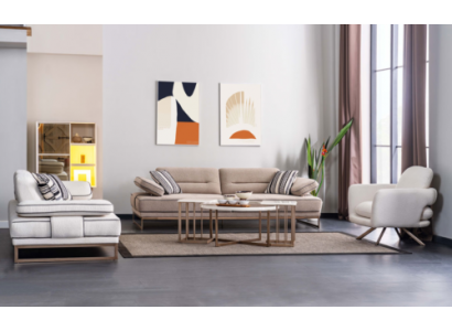 Wäiss-Beige Wunnzëmmer Canapé Garnitur Robusten 3-Sëtzer Couchtisch 6tlg.