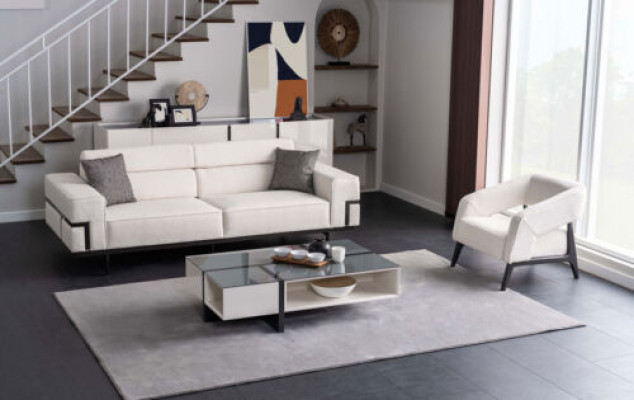 Wunnzëmmer Wäiss Polstersuite 3+1 Setzer Designer Glas Dësch