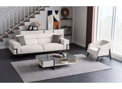 Wunnzëmmer Wäiss Polstersuite 3+1 Setzer Designer Glas Dësch