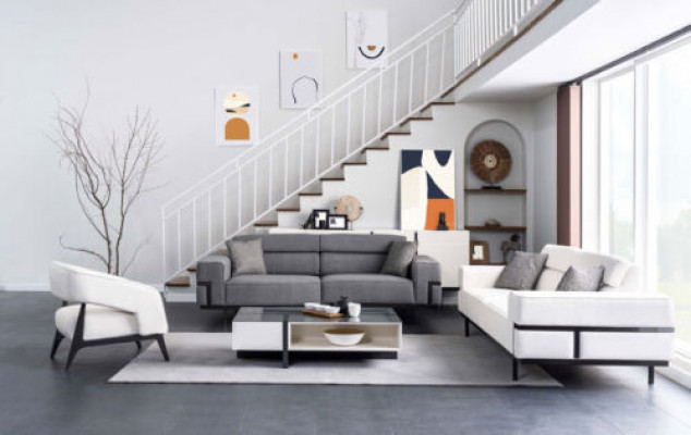 Modern Wunnzëmmer Set Besteet aus 2x Sofen + Fauteuil an Dësch 4 Deeler.