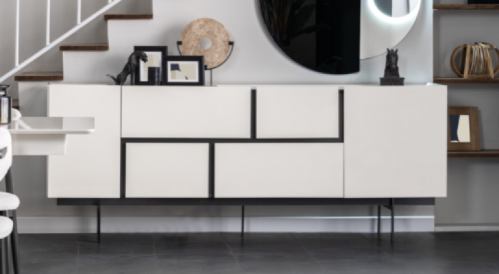 Robuste schwaarz-wäiss Anrichte Iesssall Designer Holz Kommode Miwwelen