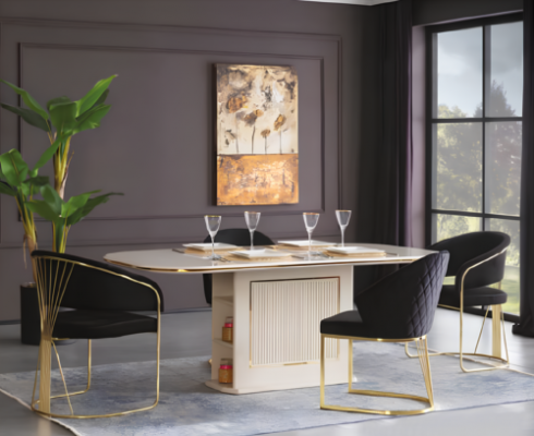 Komplett Iesszëmmer Luxus Iessgrupp Iessdësch Still 5-tlg Beige Iess-Eck