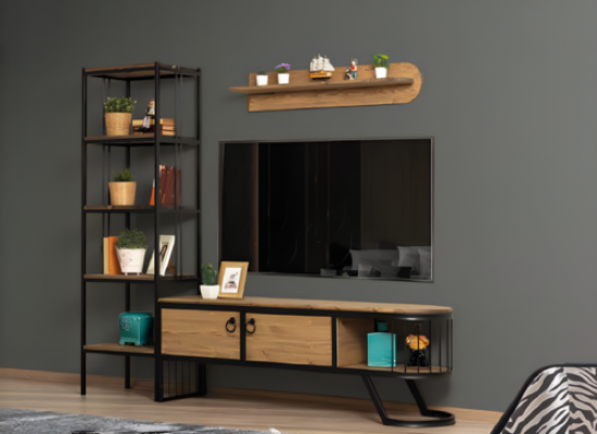 Wunnzëmmer TV Ständer Bicherregal RTV Lowboard Holz Braun Set 3tlg