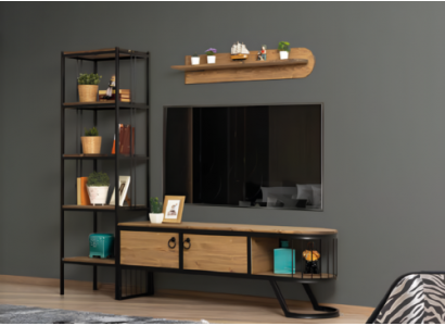 Wunnzëmmer TV Ständer Bicherregal RTV Lowboard Holz Braun Set 3tlg