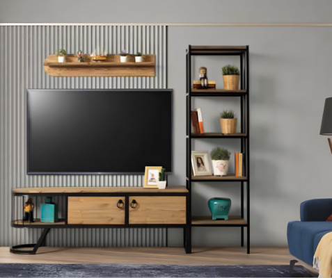 Wunnzëmmer TV Ständer Bicherregal RTV Lowboard Holz Braun Set 3tlg