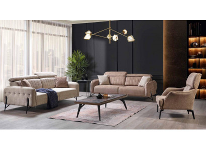 Beige Wunnzëmmer Set Luxus 3x Sofas Stilvollen Gepolsteren Sëtz 3tlg.