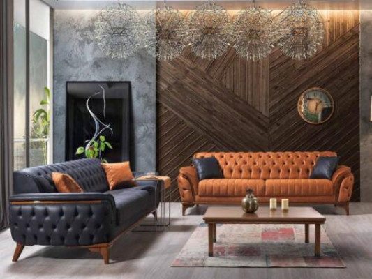 Chesterfield Sofaen Designer Wunnzëmmer Garnitur Polster 2x Textilsofaen