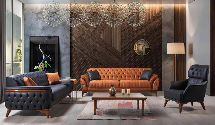 Chesterfield Sofaen Designer Wunnzëmmer Garnitur Polster 2x Textilsofaen