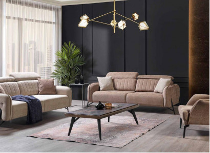 Beige Wunnzëmmer Sofagarnitur Designer 2x Stoffsesselen 3-Sëtzer 3-delig.